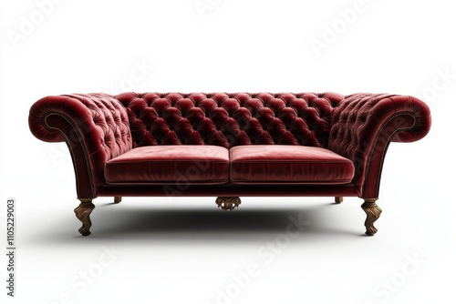 Red velvet Chesterfield sofa tufted upholstery rolled arms ornate wooden legs luxurious