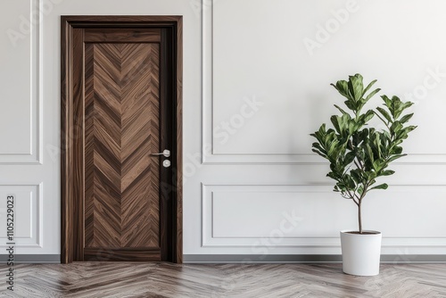 Obraz na płótnie Dark walnut herringbone door with white walls and minimal decor. w salonie