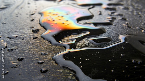 Close-up of oil droplets on the water surface creating colorful rainbow patterns. Environmental protection,scientific research,environmental pollution, sustainable development, natural resources photo