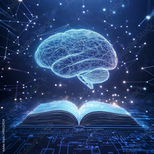 Digital image of the brain with a network-like structure. The brain is connected to a database, artificial intelligence, neural networks, or advanced processing.
