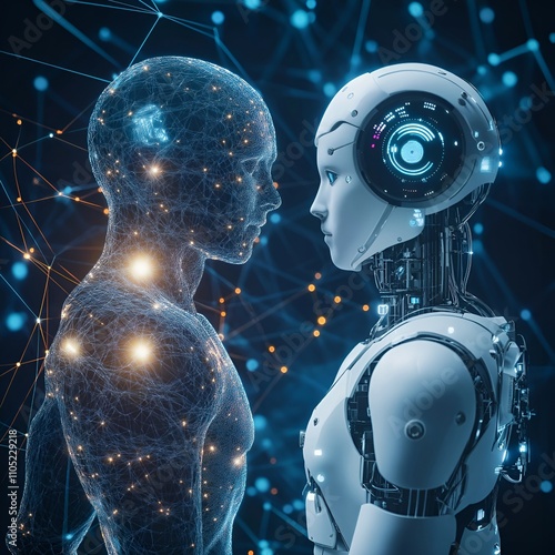 Digital image of the brain with a network-like structure. The brain is connected to a database, artificial intelligence, neural networks, or advanced processing.