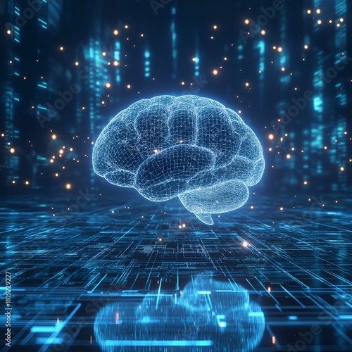 Digital image of the brain with a network-like structure. The brain is connected to a database, artificial intelligence, neural networks, or advanced processing.