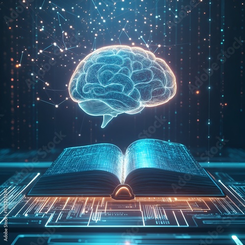 Digital image of the brain with a network-like structure. The brain is connected to a database, artificial intelligence, neural networks, or advanced processing.