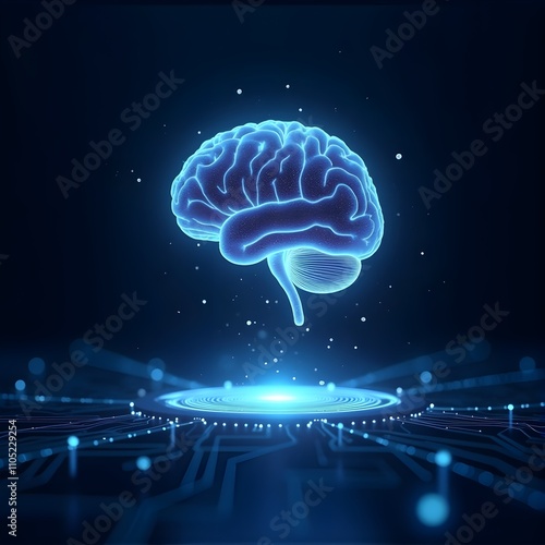 Digital image of the brain with a network-like structure. The brain is connected to a database, artificial intelligence, neural networks, or advanced processing.