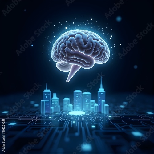 Digital image of the brain with a network-like structure. The brain is connected to a database, artificial intelligence, neural networks, or advanced processing.