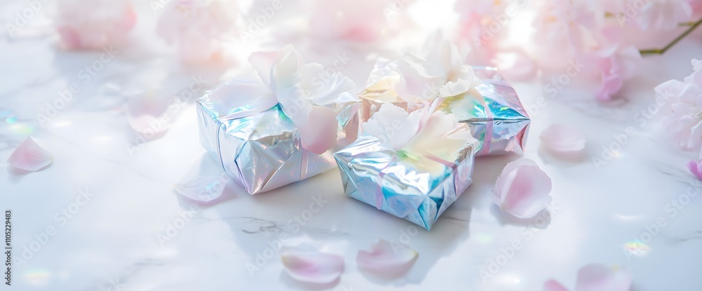 Iridescent wrapped presents with rose petals on white background. horizontal banner for unicorn parties, magical celebrations, modern gift shops, trendy boutiques, fantasy-themed event, space Iridescent wrapped presents with rose petals on white background. horizontal banner for unicorn parties, magical celebrations, modern gift shops, trendy boutiques, fantasy-themed event, space