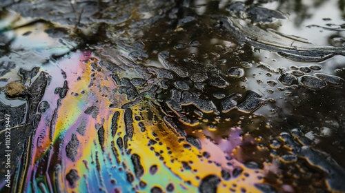 Close-up of oil droplets on the water surface creating colorful rainbow patterns. Environmental protection,scientific research,environmental pollution, sustainable development, natural resources photo