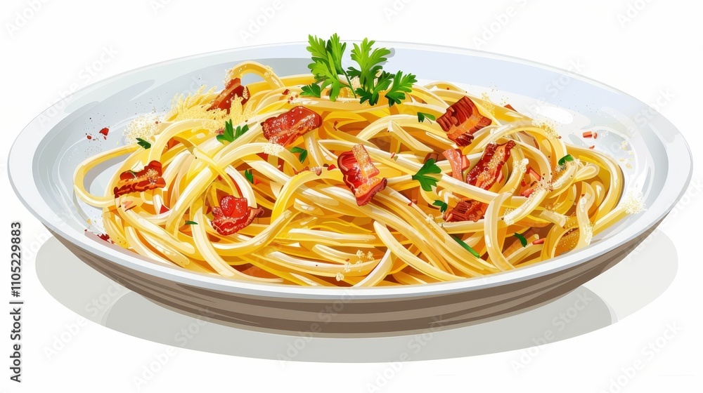 A delicious plate of spaghetti garnished with fresh parsley and crispy bacon bits, showcasing Italian culinary delight. A delicious plate of spaghetti garnished with fresh parsley and crispy bacon bits, showcasing Italian culinary delight.