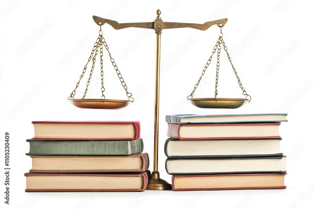 Scales of justice on top of stacked books isolated on a white background Scales of justice on top of stacked books isolated on a white background