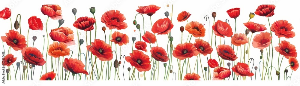 A vibrant field of red poppies swaying gently, with delicate petals and green stems creating a striking visual contrast. A vibrant field of red poppies swaying gently, with delicate petals and green stems creating a striking visual contrast.