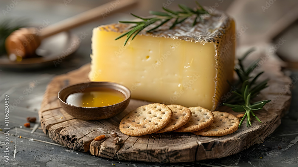 Rustic Cheese Board with Honey and Crackers - Food Photography Rustic Cheese Board with Honey and Crackers - Food Photography