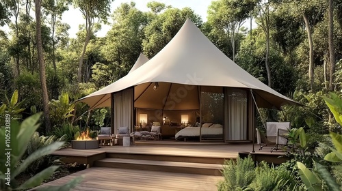 Luxury Glamping Tent Surrounded by Lush Greenery