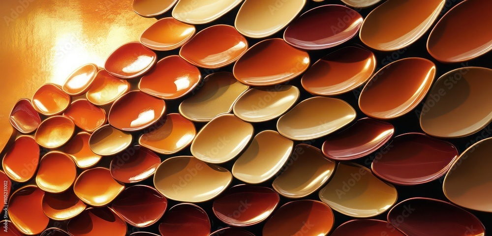 Glossy ceramic discs in a range of sunset oranges and golds, flowing like a sunset across the wall. Glossy ceramic discs in a range of sunset oranges and golds, flowing like a sunset across the wall.