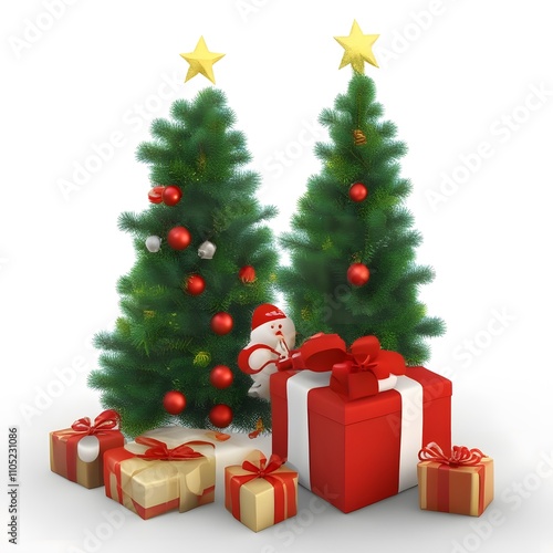 Christmas tree surrounded by presents on white background