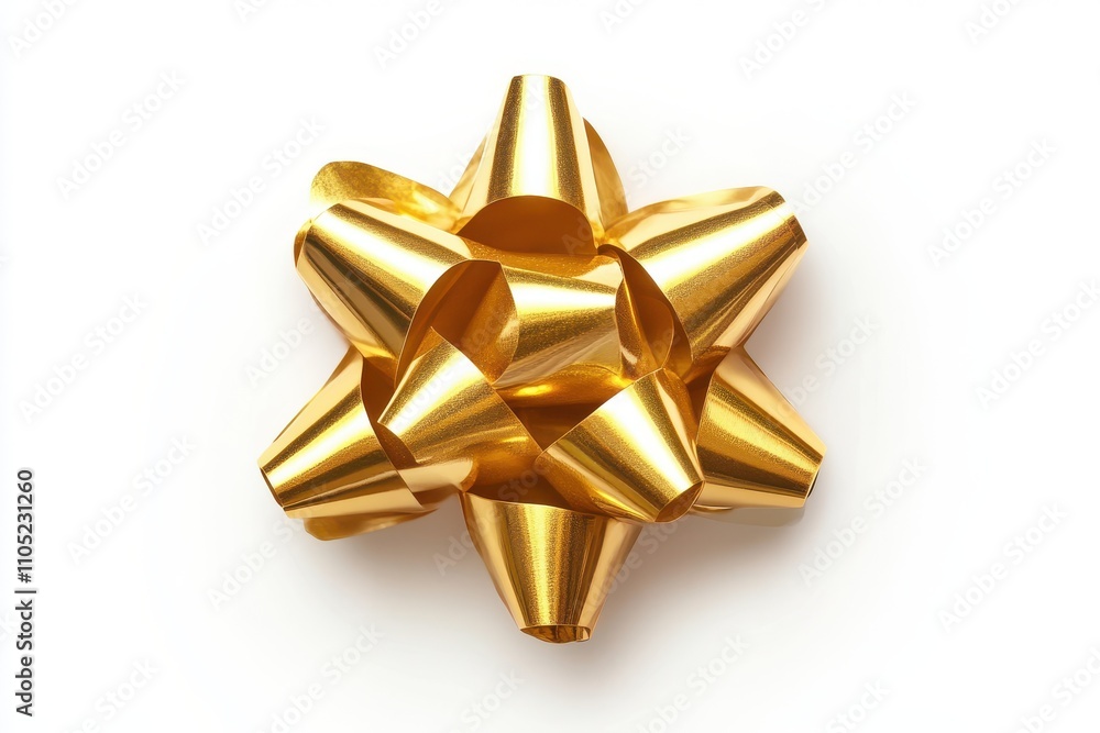 Shiny golden gift bow with textured ribbon loops on a white background Shiny golden gift bow with textured ribbon loops on a white background