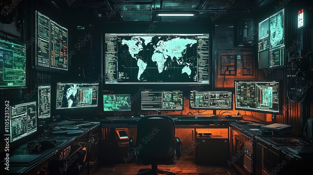 Hacker's dimly lit workspace filled with multiple computer screens displaying data and a world map. Hacker's dimly lit workspace filled with multiple computer screens displaying data and a world map.