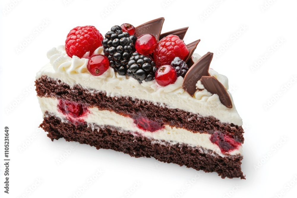 Slice of chocolate cake topped with berries and cream Isolated on a white background Slice of chocolate cake topped with berries and cream Isolated on a white background