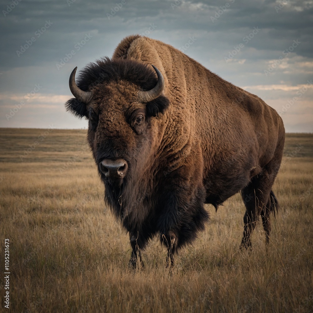 A large bison grazing peacefully in an open prairie.
A large bison grazing peacefully in an open prairie.