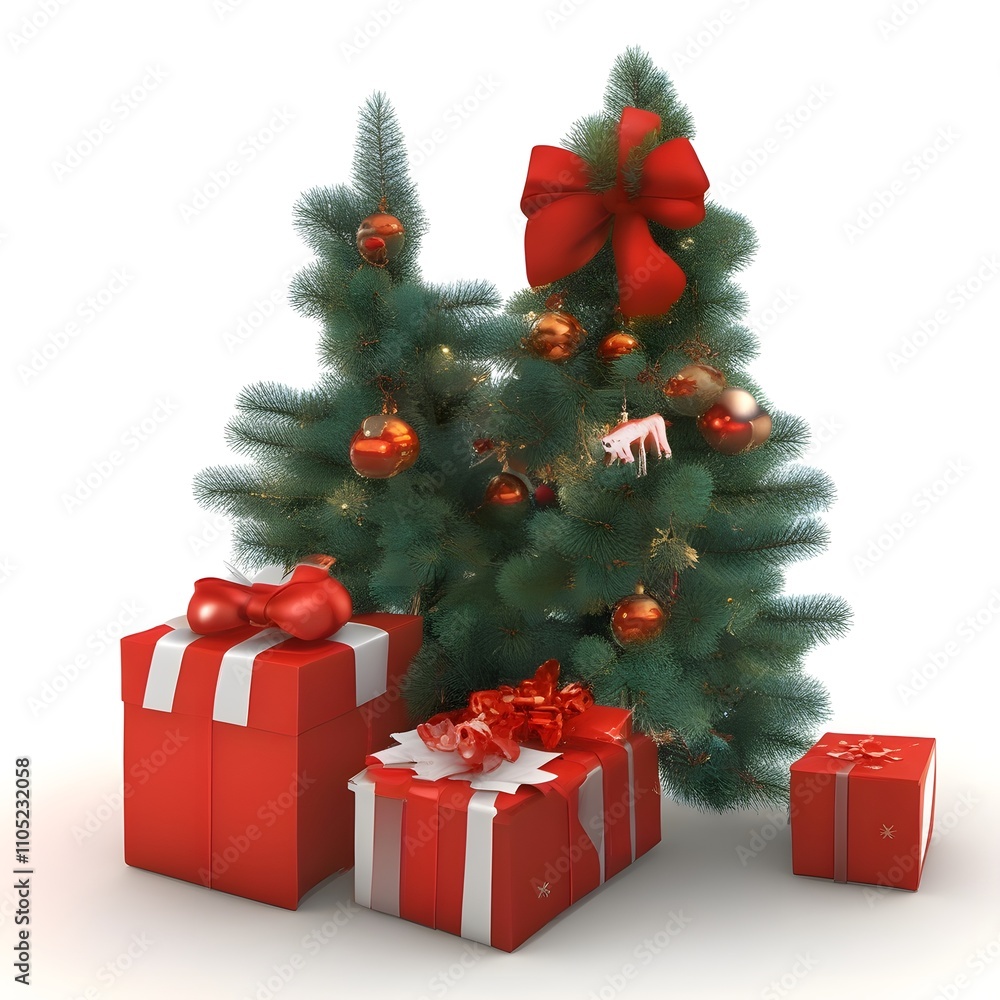 Christmas tree surrounded by presents on white background Christmas tree surrounded by presents on white background