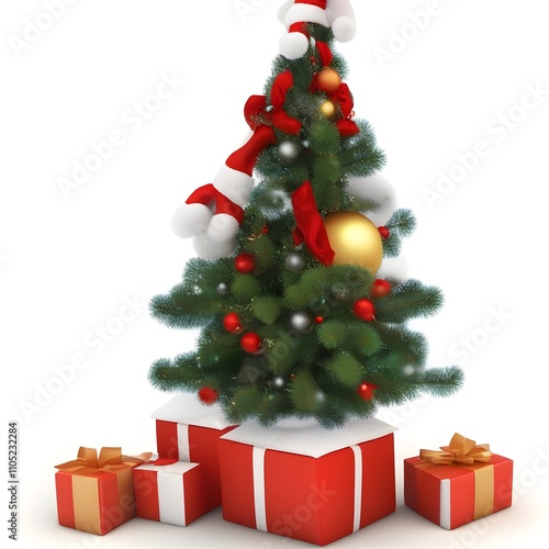 Christmas tree surrounded by presents on white background