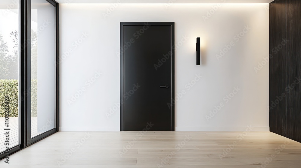 Black matte door against white walls with light oak floors and minimalist decor.