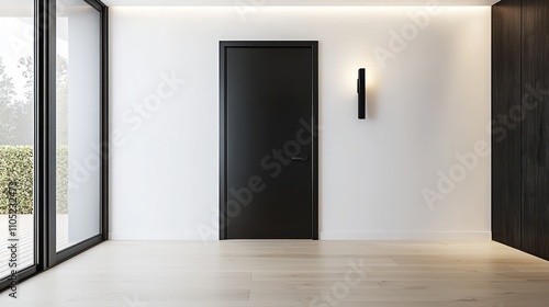 Obraz na płótnie Black matte door against white walls with light oak floors and minimalist decor. w salonie