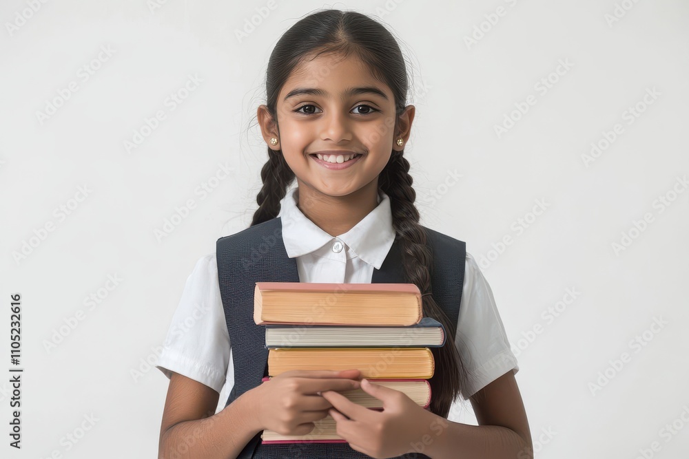Smiling young girl in school uniform holding a stack of books, symbolizing education and learning on a white background Smiling young girl in school uniform holding a stack of books, symbolizing education and learning on a white background