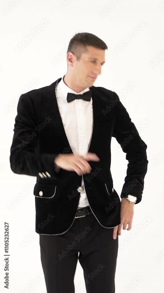 humorist in trendy costume is parodying a man who dancing in a club on a white background in the studio Vertical video humorist in trendy costume is parodying a man who dancing in a club on a white background in the studio Vertical video