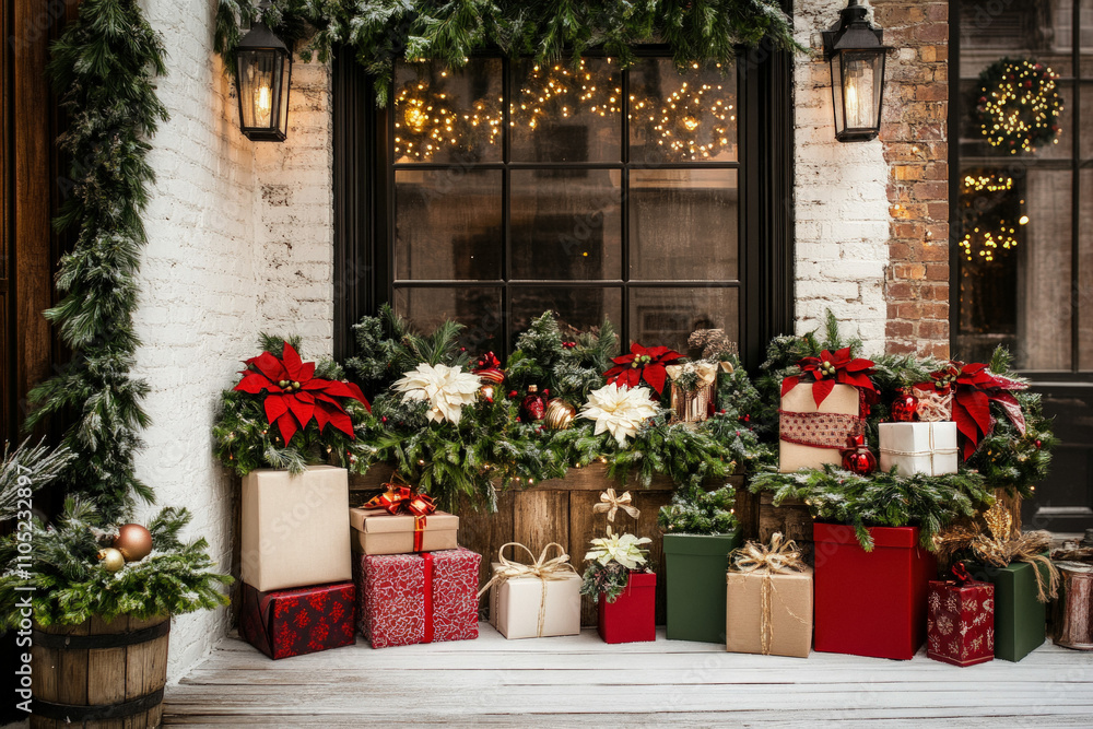 Backdrop Of A Snowy Window With Toys And Gifts Peeking Out Of Cheerful Red And Green Boxes, Accented By String Lights And Holiday Greenery Backdrop Of A Snowy Window With Toys And Gifts Peeking Out Of Cheerful Red And Green Boxes, Accented By String Lights And Holiday Greenery