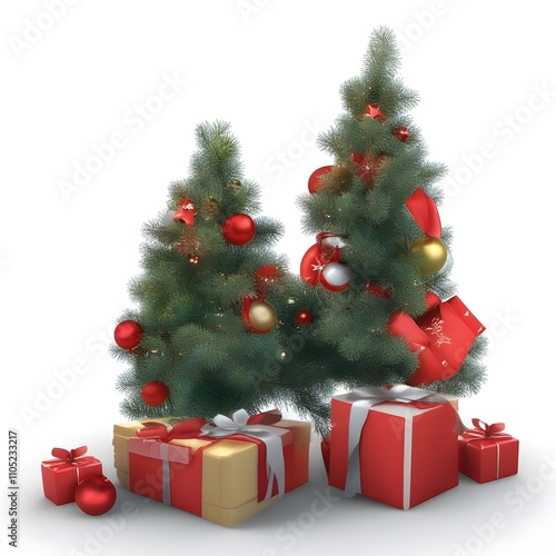 Christmas tree surrounded by presents on white background