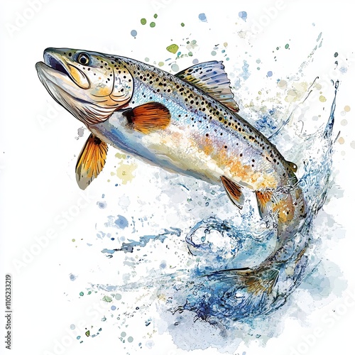 Sea trout with water splashes on a white background. 
