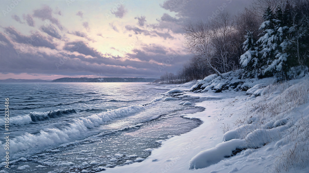 A serene winter shoreline with gentle waves freezing along the snowy beach. A serene winter shoreline with gentle waves freezing along the snowy beach.