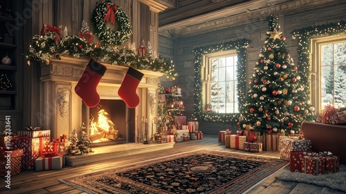 Wallpaper Mural Cozy and Festive Christmas Living Room with a Beautifully Decorated Tree, Stockings on the Fireplace, and a Warm Glow from the Fire Torontodigital.ca