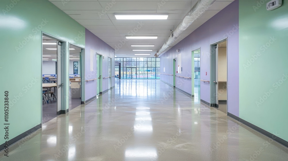 Clean modern hallway with green and lavender walls, polished floors, and lighting.