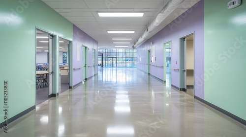 Obraz na płótnie Clean modern hallway with green and lavender walls, polished floors, and lighting. w salonie