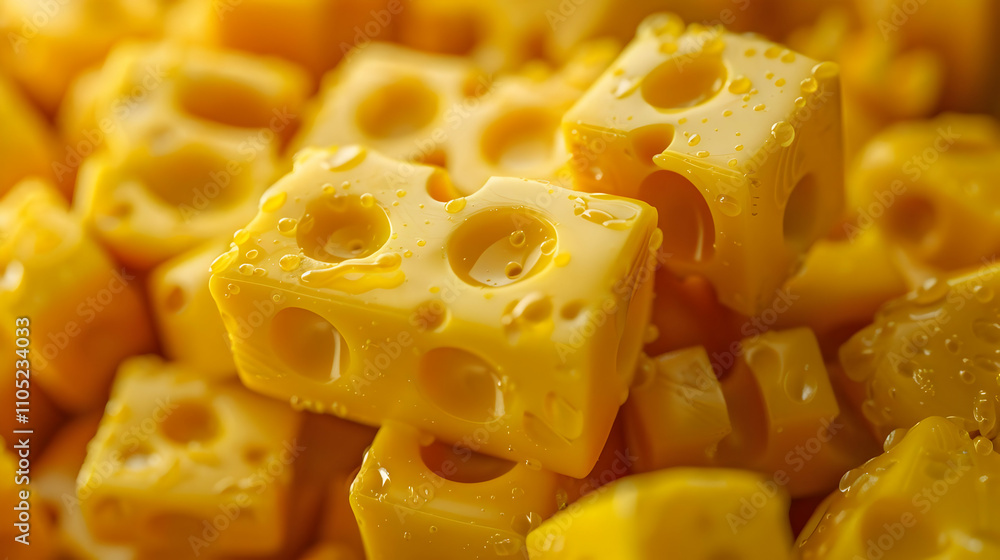 Closeup of Yellow Cheese Cubes, 3D Render Closeup of Yellow Cheese Cubes, 3D Render