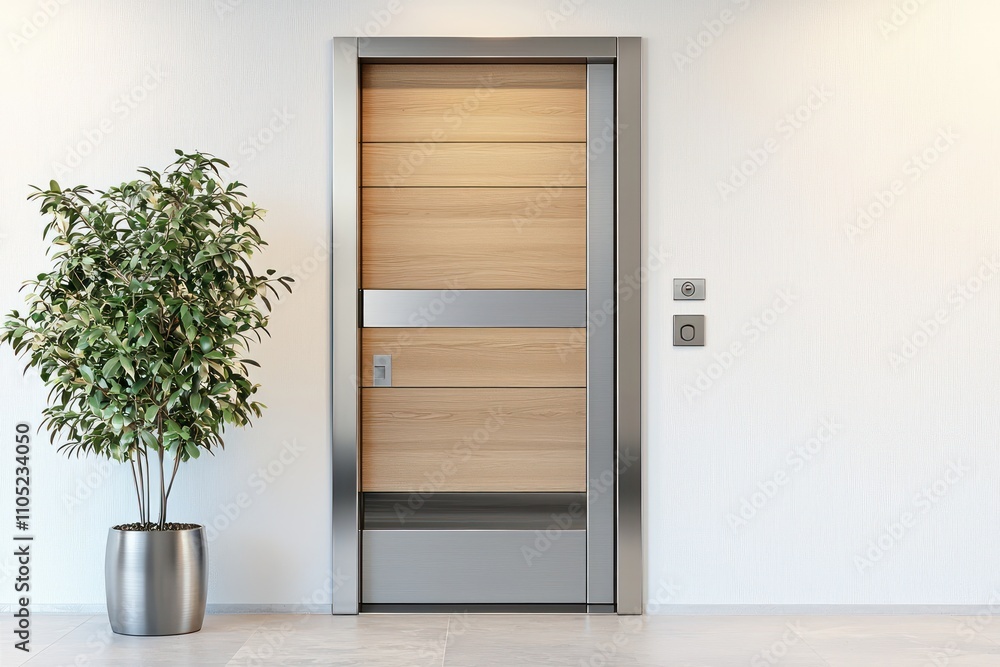 Sleek modern front door with wood and steel accents, minimalist potted plant.
