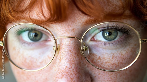 A Womans Winkle Close Up of Round Eyeglasses Frames a Playful Winking Eye With Red Hair photo