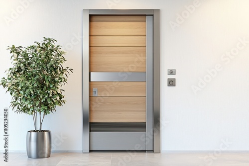 Obraz na płótnie Sleek modern front door with wood and steel accents, minimalist potted plant. w salonie