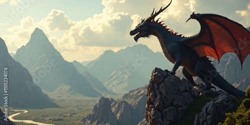 Ancient Dragon Perches on a Mountain Top: A Vast, Sprawling Fantasy World Visible in the Background, Emphasizing the Creature’s Majestic Power photo