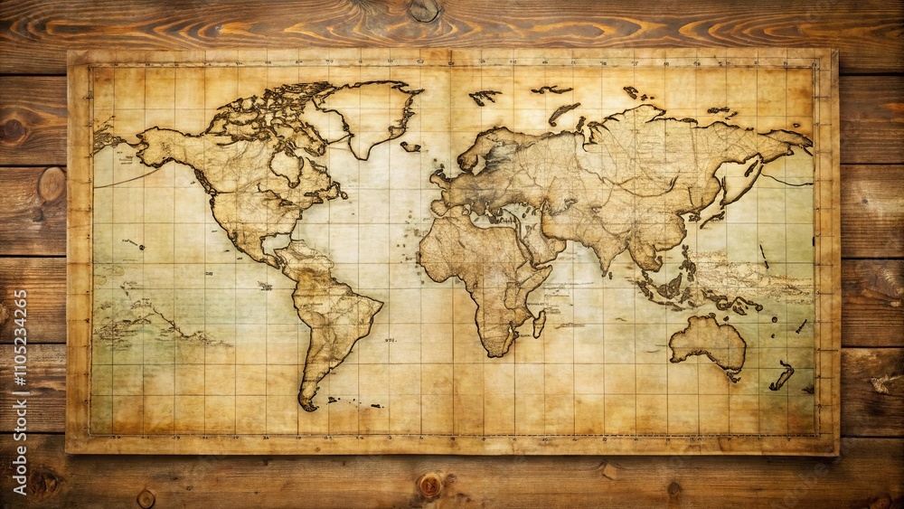 Obraz premium Antique World Map on Rustic Wooden Surface A Vintage Travel or Exploration Theme