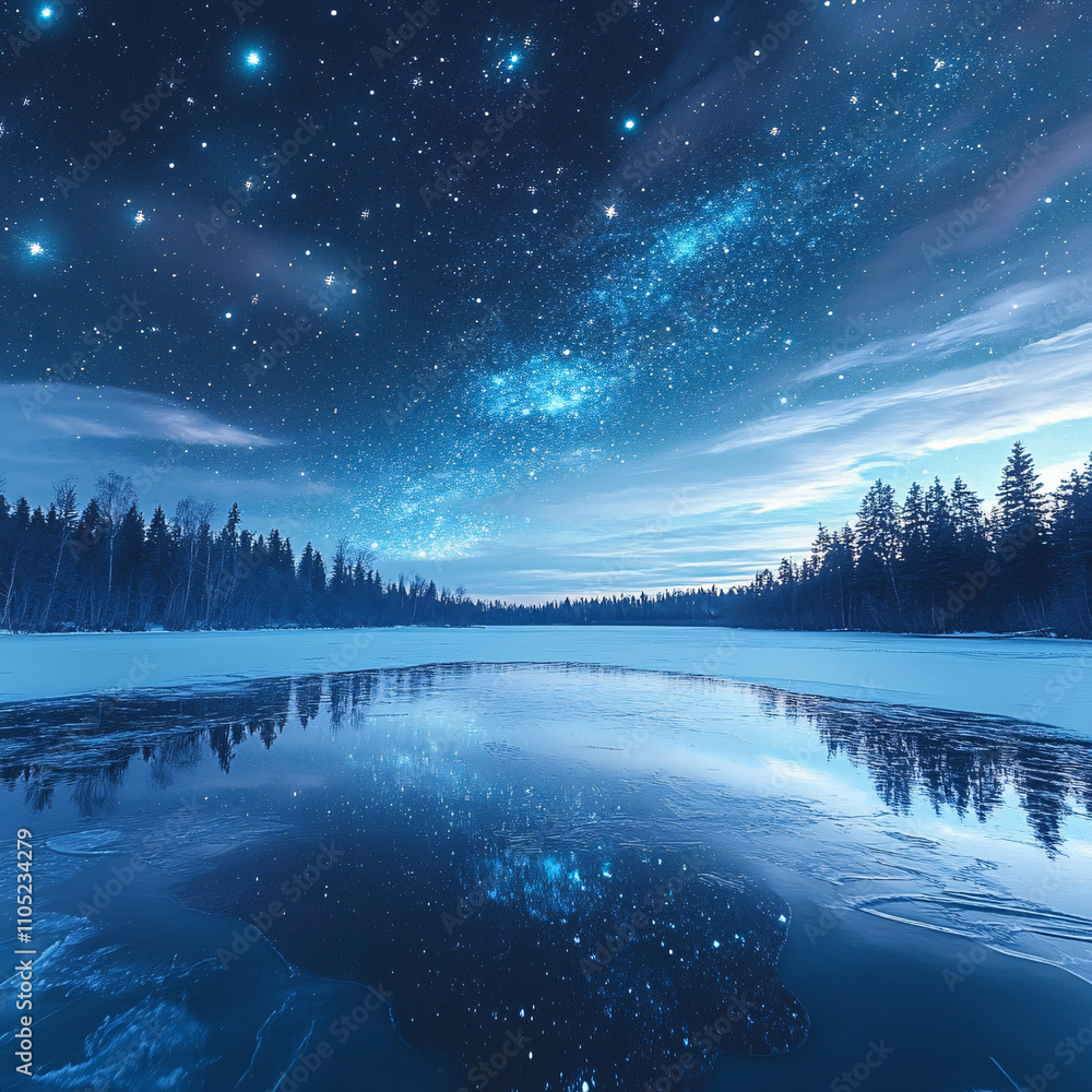 A tranquil winter scene of a frozen lake reflecting a starry sky, perfect for winter solstice events, holiday card designs, and peaceful home decor. A tranquil winter scene of a frozen lake reflecting a starry sky, perfect for winter solstice events, holiday card designs, and peaceful home decor.