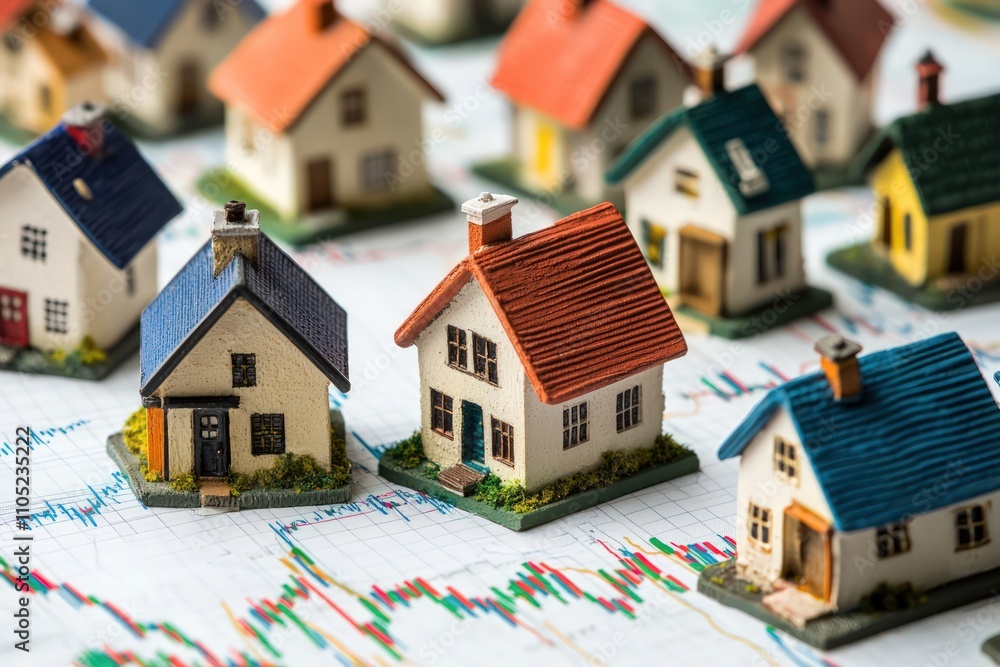 A conceptual view miniature houses placed on financial charts, symbolizing the real estate market and investment analysis A conceptual view miniature houses placed on financial charts, symbolizing the real estate market and investment analysis
