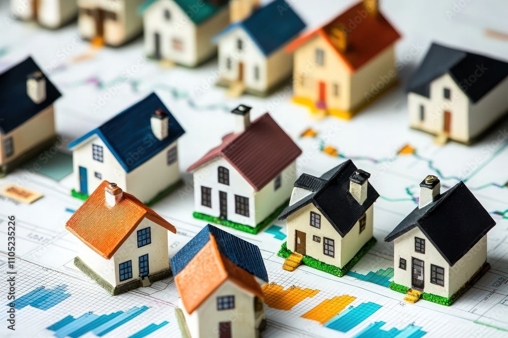 A conceptual view miniature houses placed on financial charts, symbolizing the real estate market and investment analysis A conceptual view miniature houses placed on financial charts, symbolizing the real estate market and investment analysis