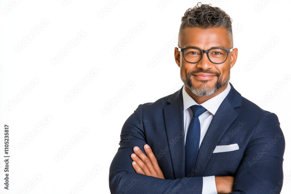 Confident middle aged black businessman posing in a tailored suit, showcasing professionalism and charisma in a studio setting Confident middle aged black businessman posing in a tailored suit, showcasing professionalism and charisma in a studio setting