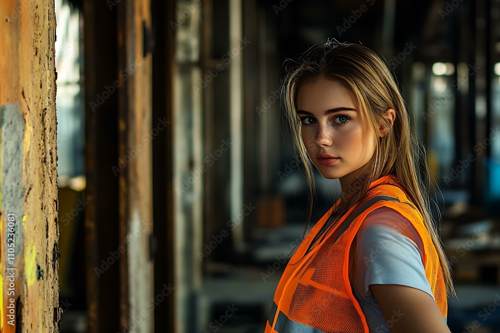 Obraz premium detailed photo of girl in hi vis vest in warehouse