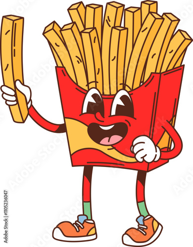 Cartoon groovy fast food french fries character. Takeaway restaurant meal funny retro personage, 60s 70s cartoon isolated vector character. Street cafe menu french fries snack box cheerful mascot
