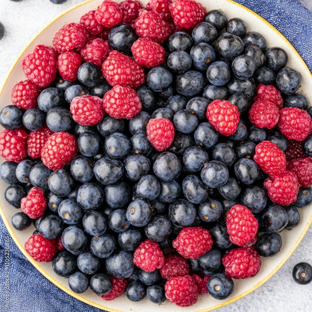 A plate of fresh raspberries and blueberries. A plate of fresh raspberries and blueberries.