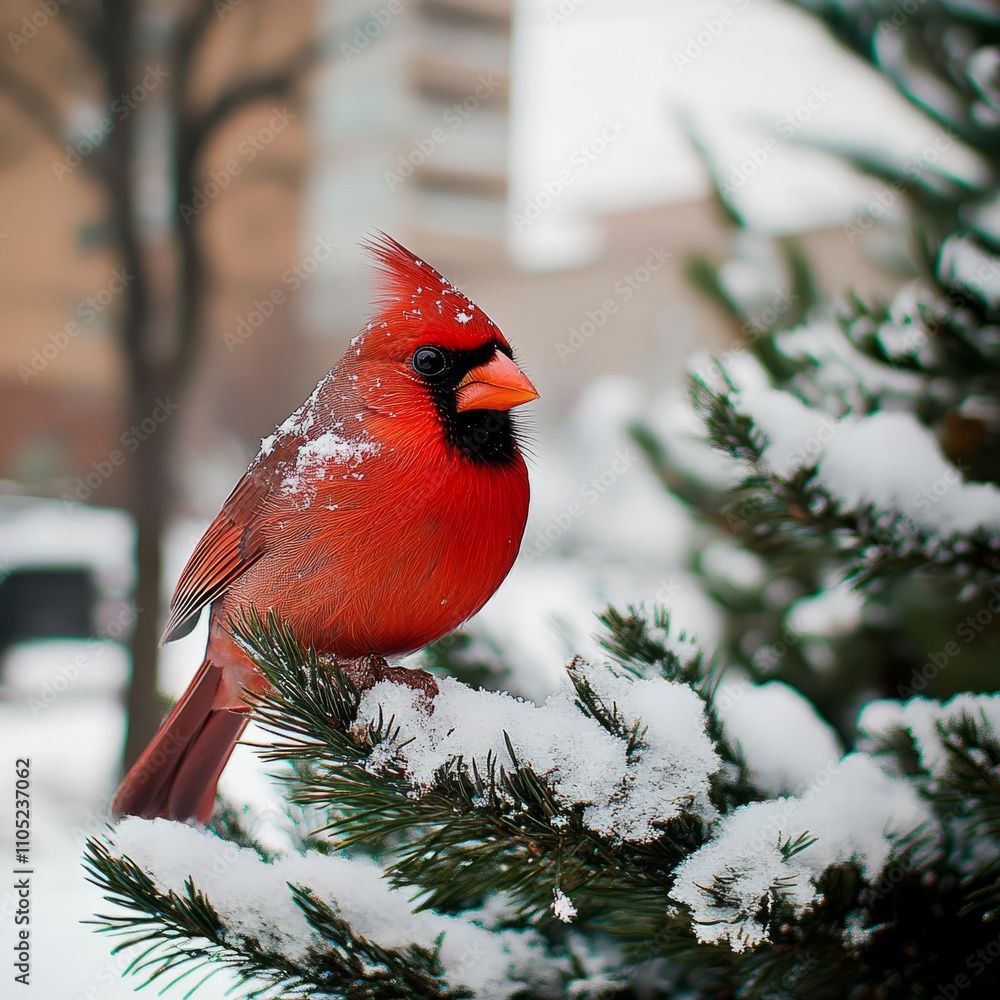 A vibrant red cardinal perched on a snow-covered evergreen branch in a winter scene. A vibrant red cardinal perched on a snow-covered evergreen branch in a winter scene.