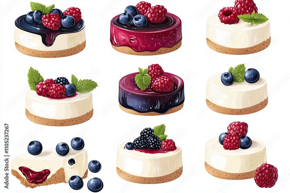 Set of cheesecakes with fresh berries and mint isolated on a white background. Set of cheesecakes with fresh berries and mint isolated on a white background.